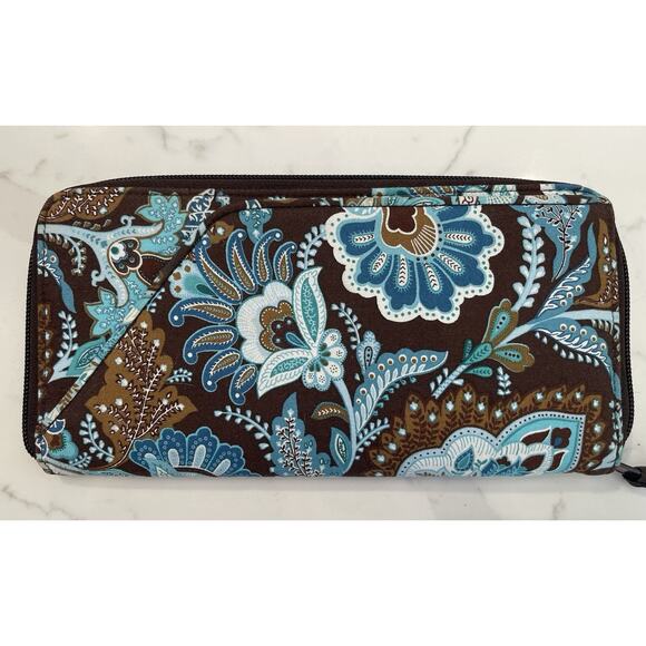 Vera Bradley Java Blue Travel Organizer Wallet Passport Brown Teal Zip Retired - Picture 4 of 5